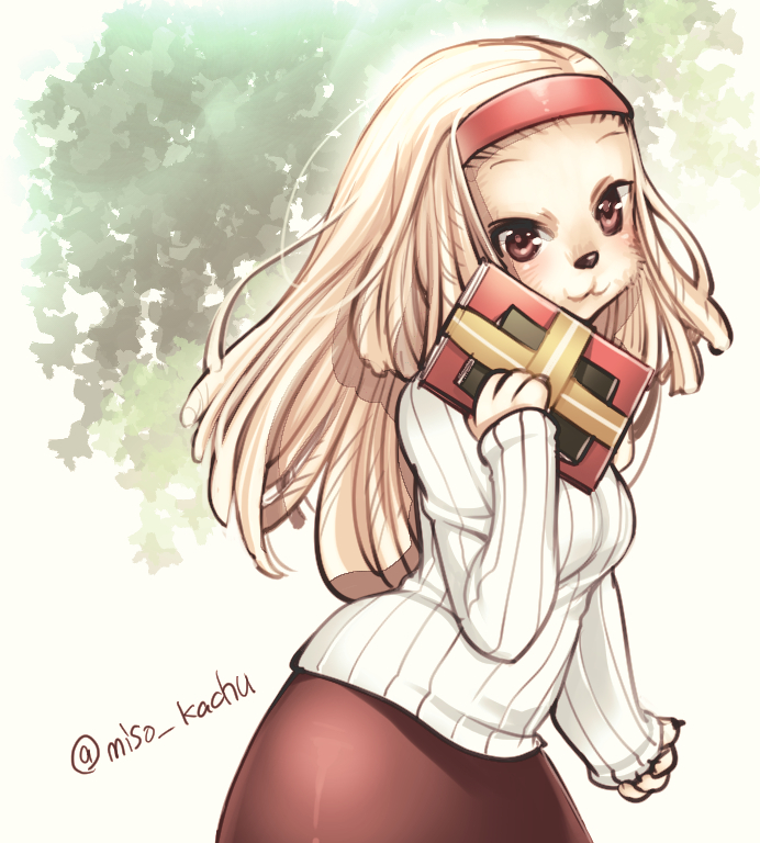 1girl, blonde_hair, brown_eyes, dog, female, furry, long_hair, nature