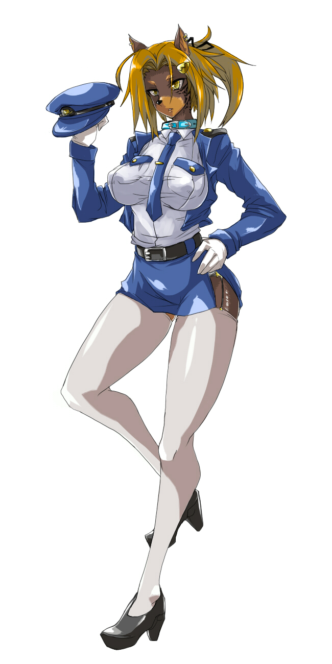 1girl, blonde_hair, breasts, collar, dog, female, full_body, furry, garter_straps, gloves, hair_ornament, hair_ribbon, hairclip, hand_on_hip, hat, hat_removed, high_heels, large_breasts, long_hair, necktie, onii_(hibiki2), pencil_skirt, ponytail, ribbon, side_slit, simple_background, skirt, solo, thigh-highs, uniform, white_background, white_gloves, white_legwear, yellow_eyes