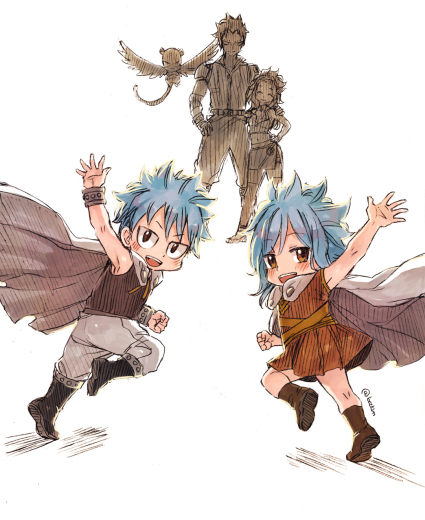2girls, 3boys, animal, black_hair, blue_hair, blush, brother_and_sister, cat