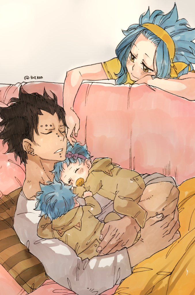 2boys, 2girls, baby, black_hair, blue_hair, blush, brother_and_sister, child