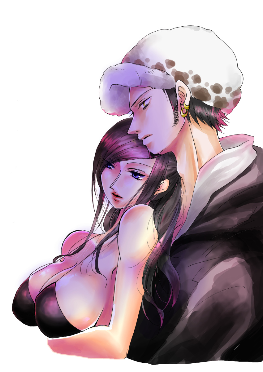 1boy, 1girl, artist_request, black_hair, blue_eyes, body_piercing, couple, earrings