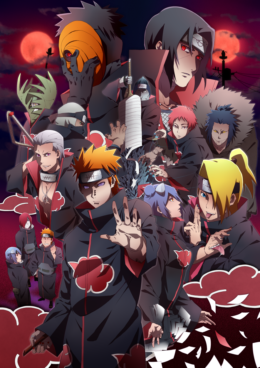 1girl, 6+boys, akatsuki_(naruto), amber_eyes, black_hair, blonde_hair, blue_eye, blue_hair