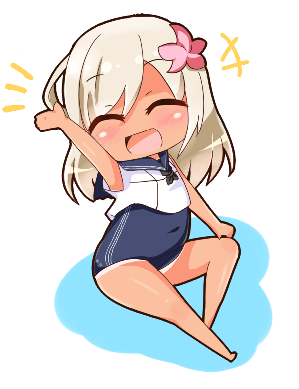 1girl, ^_^, blonde_hair, blush, chibi, crop_top, flower, hair_flower, hair_ornament, kantai_collection, kotatsumuri, one-piece_swimsuit, one-piece_tan, ro-500_(kantai_collection), swimsuit, tagme, tan, tanline