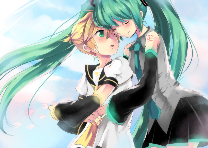 1boy, 1girl, aqua_hair, blonde_hair, blush, closed_eyes, couple, detached_sleeves