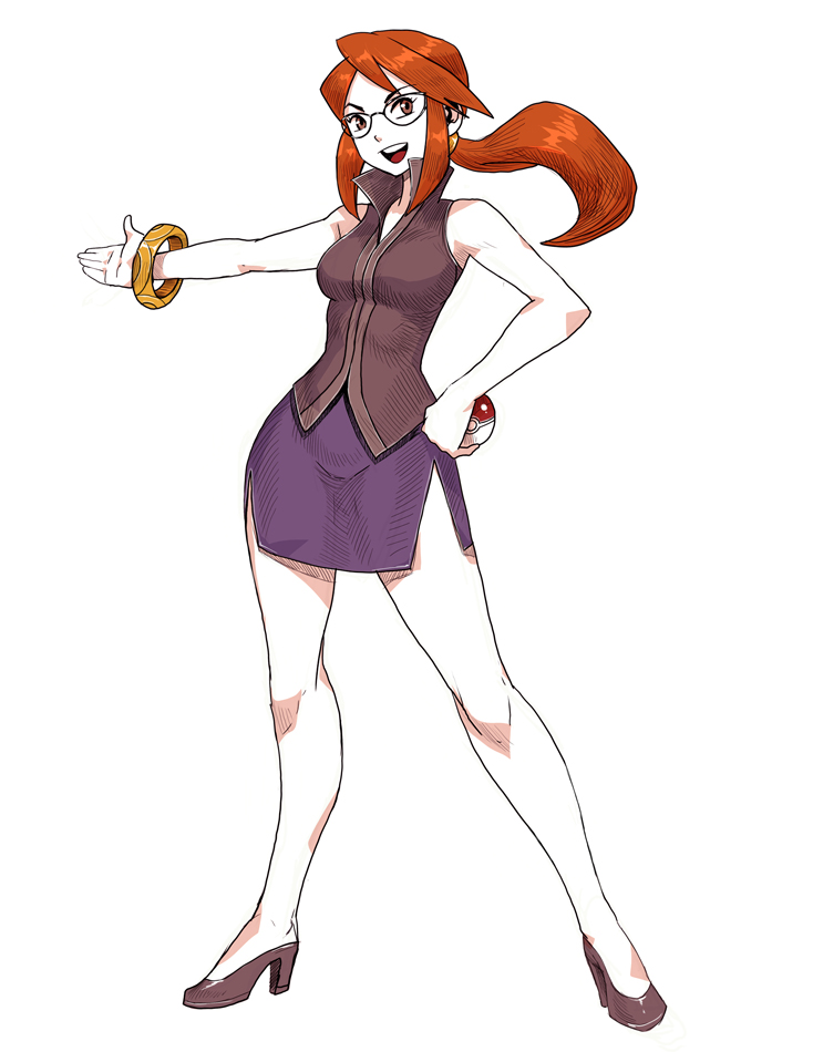 00s, 1girl, :d, arm, bare_arms, bare_legs, bare_shoulders, black_high_heels, blue_skirt, bracelet, breasts, brown_eyes, elite_four, female, full_body, genzoman, glasses, hand_on_hip, high_heels, holding, holding_poke_ball, jewelry, kanna_(pokemon), legs, long_hair, looking_at_viewer, nintendo, open_mouth, orange_hair, outstretched_arm, pencil_skirt, poke_ball, pokemon, pokemon_(game), pokemon_frlg, ponytail, round_teeth, side_slit, simple_background, skirt, sleeveless, smile, solo, standing, teeth, white_background