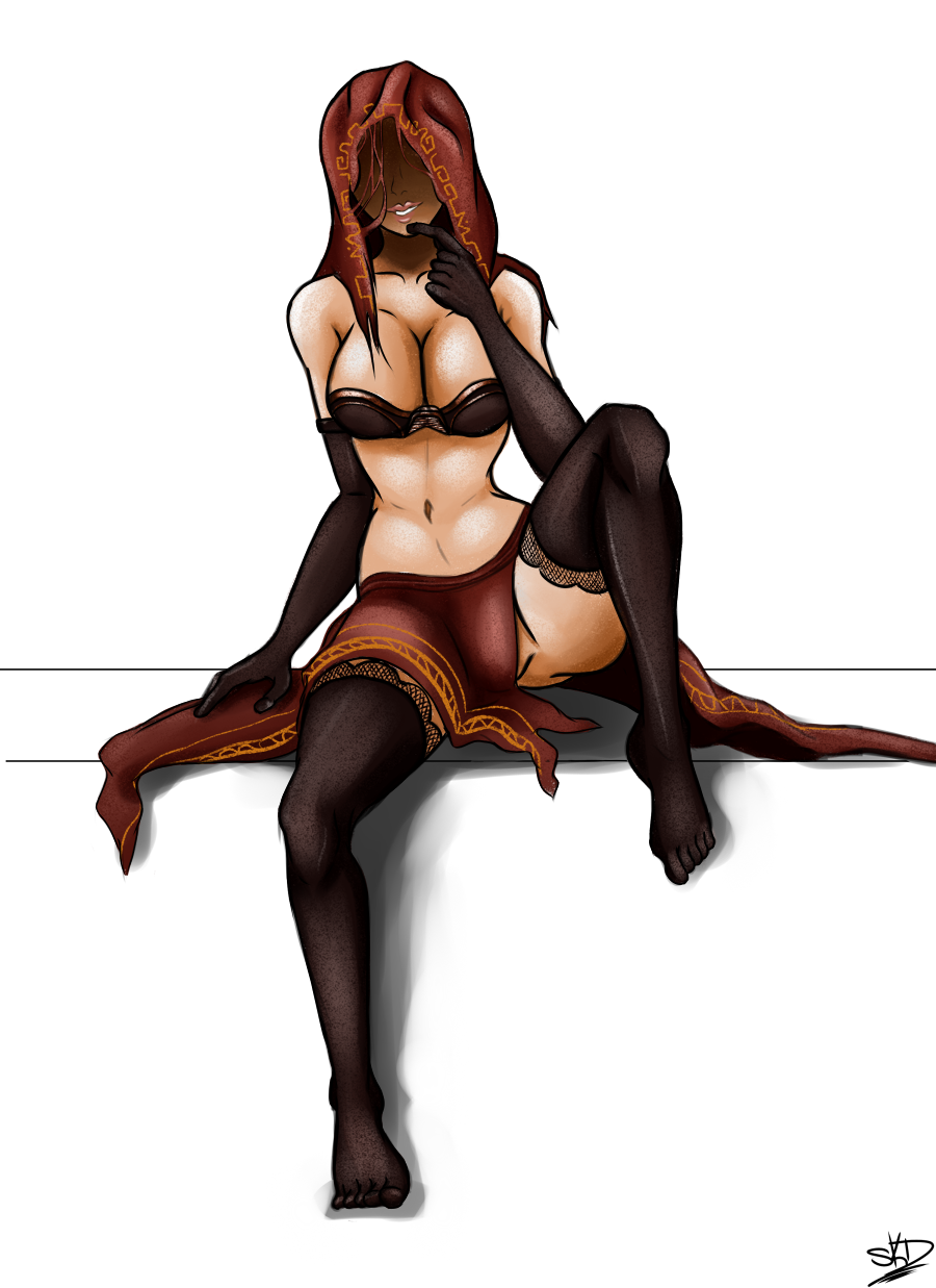 1girl, cleavage, dark_souls, dark_souls_ii, desert_sorceress, hood, souls_(from_software)