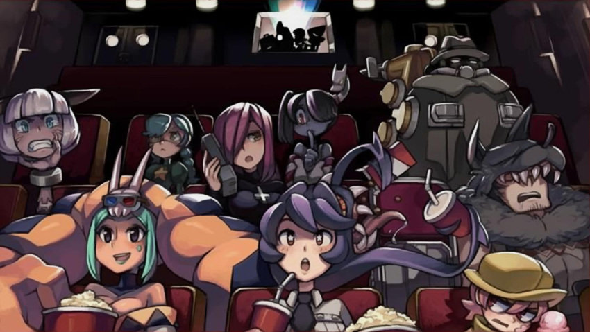 annie_(skullgirls), beowulf_(skullgirls), big_band, breasts, cerebella_(skullgirls), cinema, cleavage, coat, drink, eyepatch, filia_(skullgirls), food, hair_over_one_eye, hat, ice_cream, large_breasts, leviathan_(skullgirls), long_hair, ms._fortune_(skullgirls), official_art, parasoul_(skullgirls), peacock_(skullgirls), phone, popcorn, samson_(skullgirls), skullgirls, sleeping, squigly_(skullgirls), umbrella_(skullgirls), vice-versa_(skullgirls), zombie