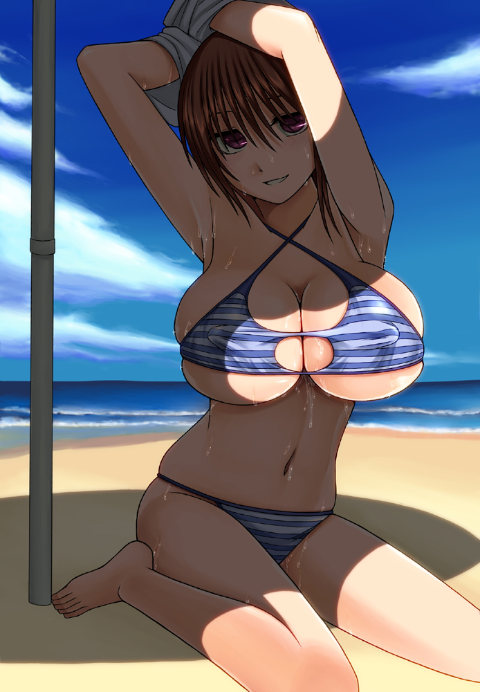 1girl, aebafuti, armpits, beach, bikini, breasts, brown_hair, cleavage
