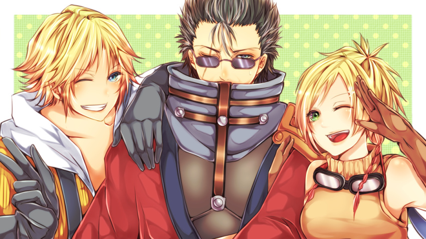 1girl, 2boys, auron, blonde_hair, breasts, final_fantasy, final_fantasy_x, gloves