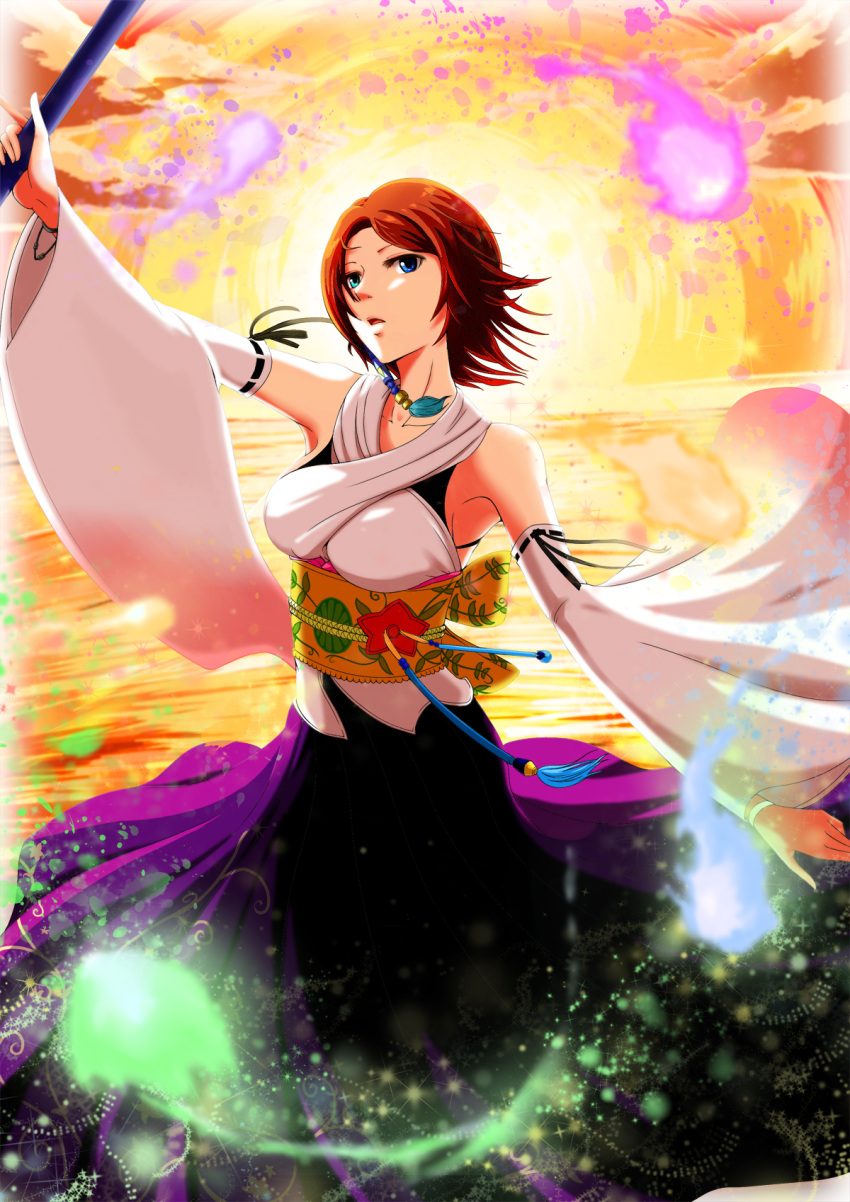 1girl, brown_hair, detached_sleeves, final_fantasy, final_fantasy_x, highres, japanese_clothes, jewelry