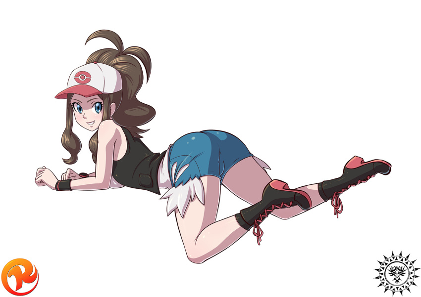 10s, 1girl, ass, baseball_cap, blue_eyes, boots, brown_hair, cross-laced_footwear, denim, denim_shorts, full_body, grin, hat, lace-up_boots, looking_at_viewer, maniacpaint, pokemon, pokemon_(game), pokemon_bw, ponytail, reit, short_shorts, shorts, sidelocks, simple_background, smile, solo, touko_(pokemon), vest, white_background, wristband