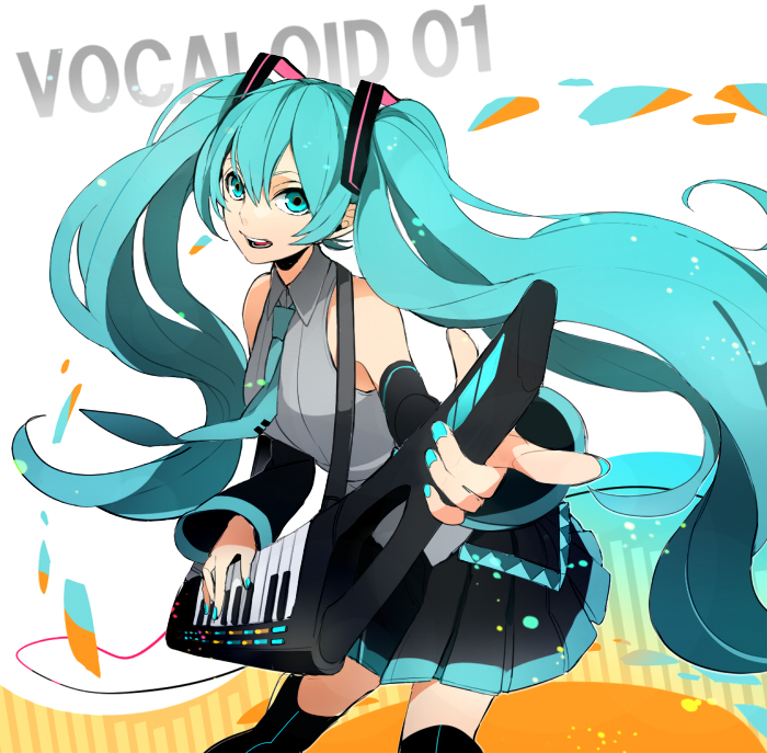 1girl, al_(arupaka), aqua_nails, black_legwear, black_skirt, blue_eyes, blue_hair, breasts