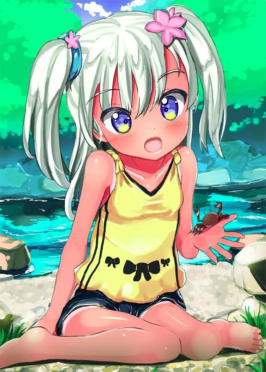1girl, barefoot, beach, blue_eyes, blue_shorts, camisole, crab, dada_(esoragoto), dark_skin, flat_chest, flower, grass, hair_bobbles, hair_flower, hair_ornament, kantai_collection, open_mouth, pixiv, ro-500_(kantai_collection), rocks, sand, short_twintails, shorts, sitting, tied_shirt, tree, twintails, water, white_hair, yellow_shirt