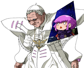 0_0, 1boy, 1girl, artist_request, bowing, chibi, gundam, haman_karn, hat, lowres, neo_zeon, old_man, parody, pope_benedict_xvi, qubeley, real_life, robe, short_hair, shoulder_pads, sidelocks, silver_hair, simple_background, source_request, triangle_mouth, very_short_hair, white_background, zeta_gundam