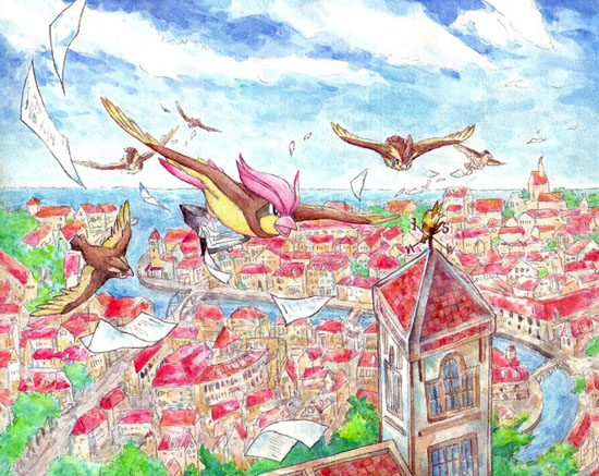bridge, city, flying, no._017, paper, pidgeotto, pidgey, pokemon