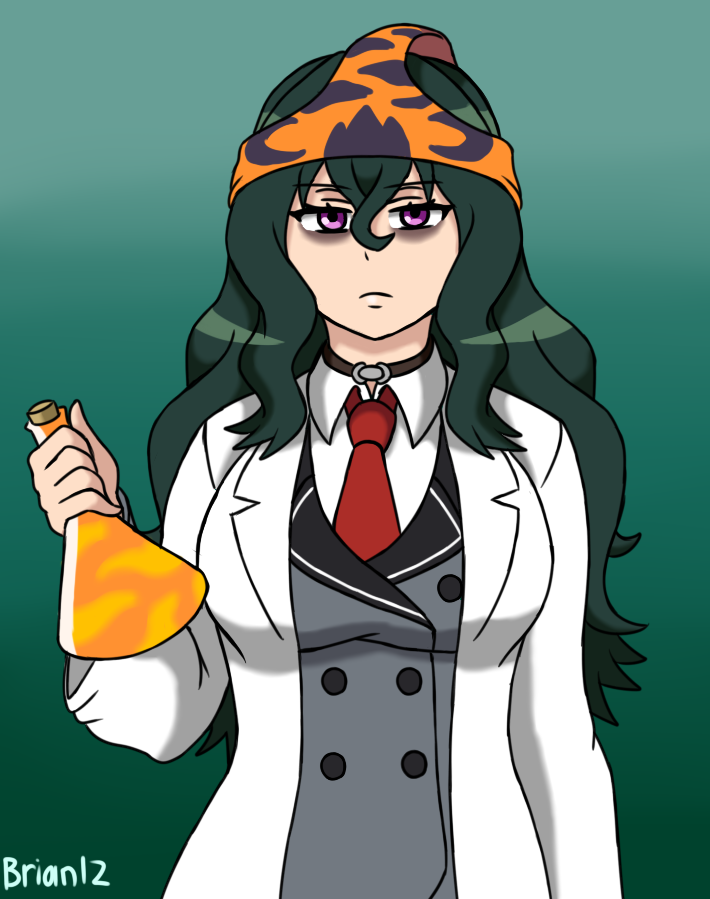 1girl, bags_under_eyes, brian_libunao, crossover, fuwa_hyouka, green_hair, indivisible, labcoat, long_hair, necktie, object_on_head, panties, panties_on_head, razmi_(indivisible), razmi_(indivisible)_(cosplay), shimoneta_to_iu_gainen_ga_sonzai_shinai_taikutsu_na_sekai, tiger_stripes, underwear, vial, violet_eyes