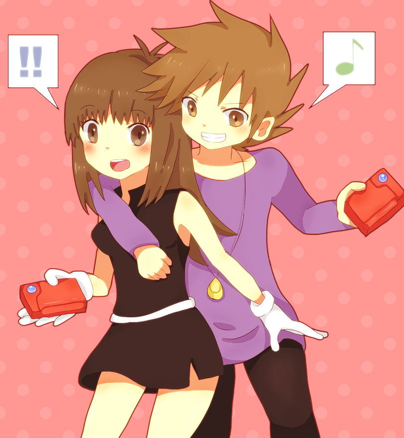 !!, 1boy, 1girl, 90s, ako_(ako0905), blue_(pokemon), blue_(pokemon)_(classic), brown_eyes