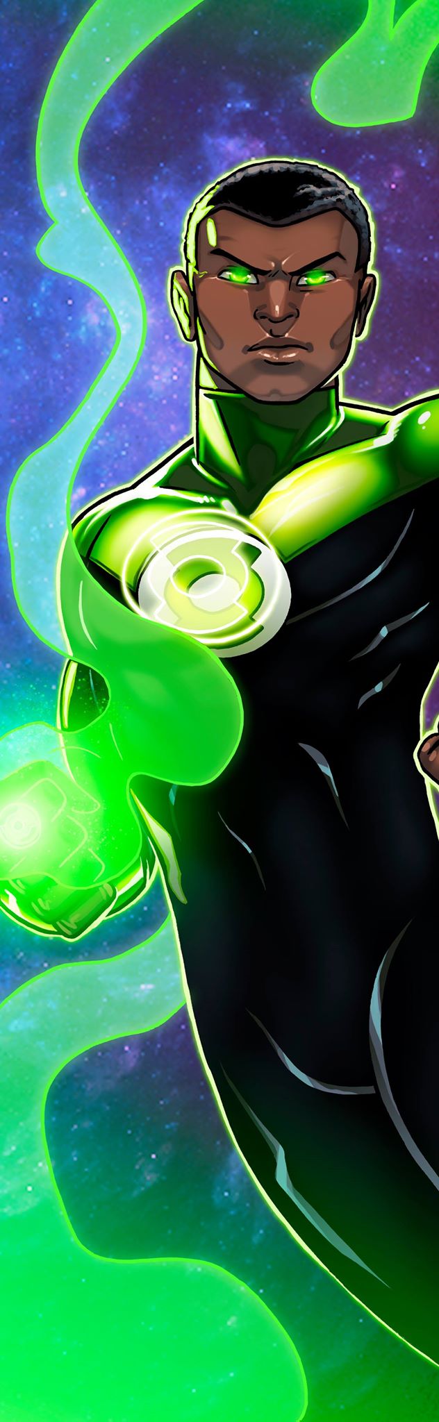 1boy, black_hair, bodysuit, dark_skin, dc_comics, glowing, glowing_eyes, green_eyes