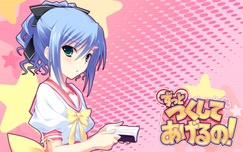 1girl, artist_request, blue_hair, blush, game_cg, habuka_riko, looking_at_viewer, open_mouth