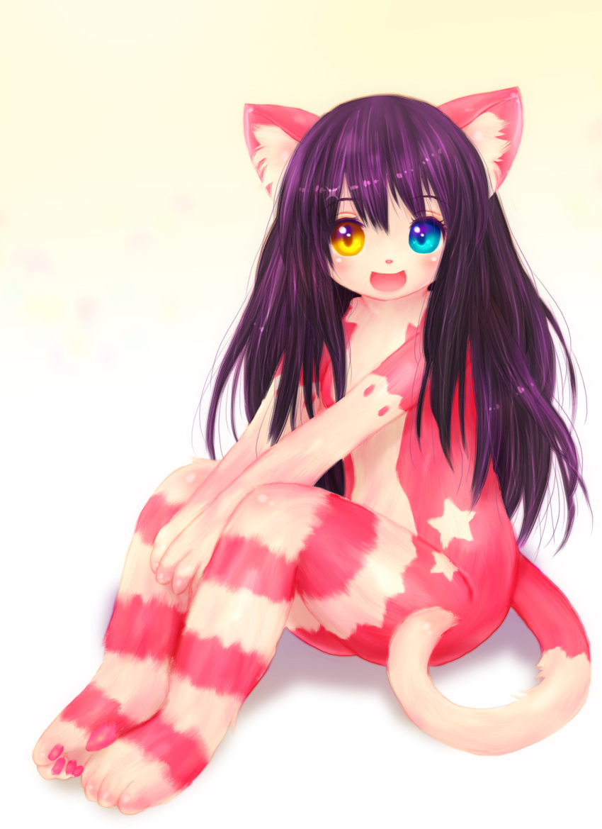 androgynous, blue_eyes, cat, full_body, furry, gradient, gradient_background, heterochromia, long_hair, nude, open_mouth, purple_hair, solo, tashiro_yuu, white_background, yellow_eyes