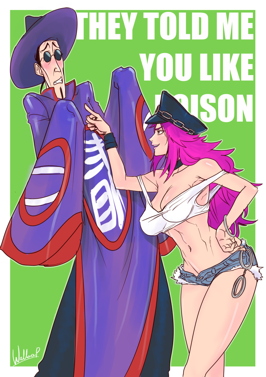 1boy, 1girl, breasts, capcom, chinese_clothes, cleavage, crop_top, denim