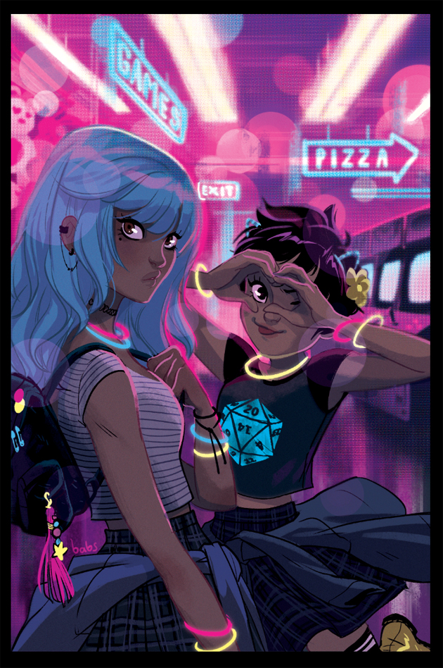20-sided_dice, 2girls, animal_ears, arcade, arcade_cabinet, backpack, bangs, black_hair