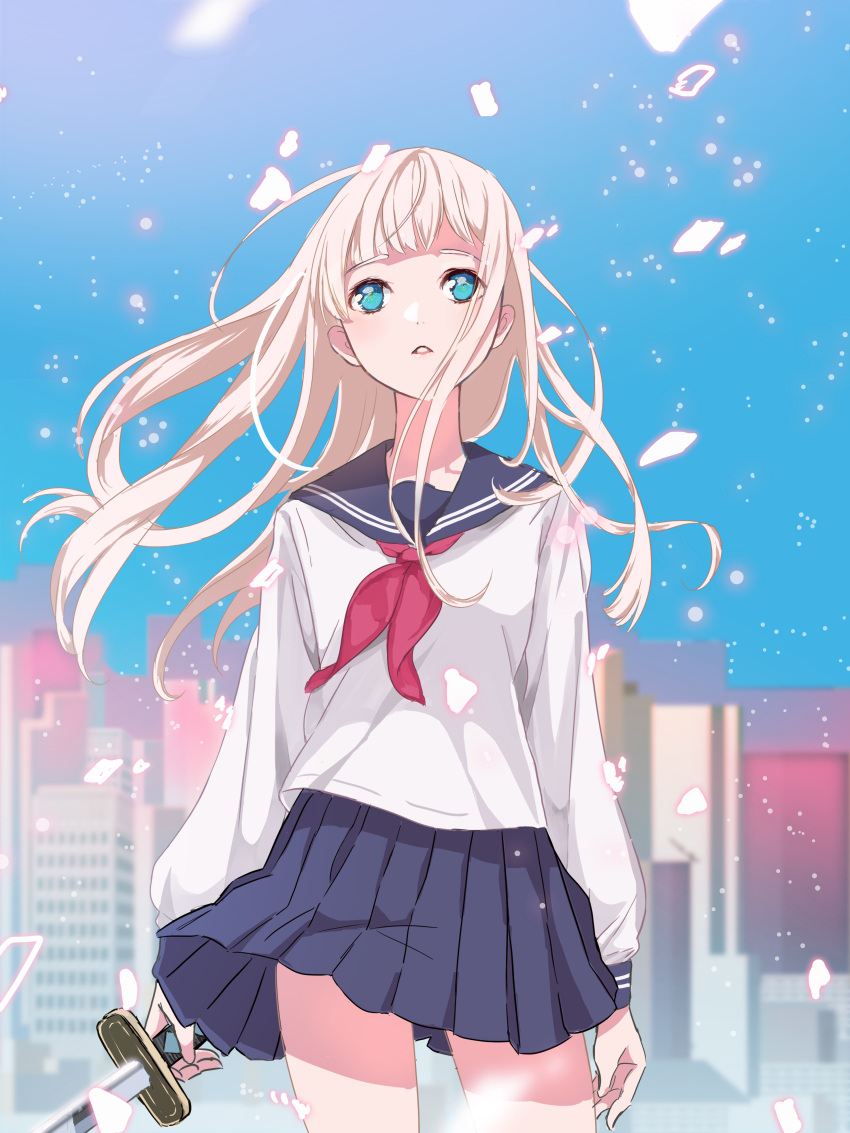 1girl, blonde_hair, blue_eyes, collar, female, katana, long_hair, original, petal, sailor_collar, school_uniform, skirt, skirt_flip, solo, sword, tokidoki, uniform, weapon