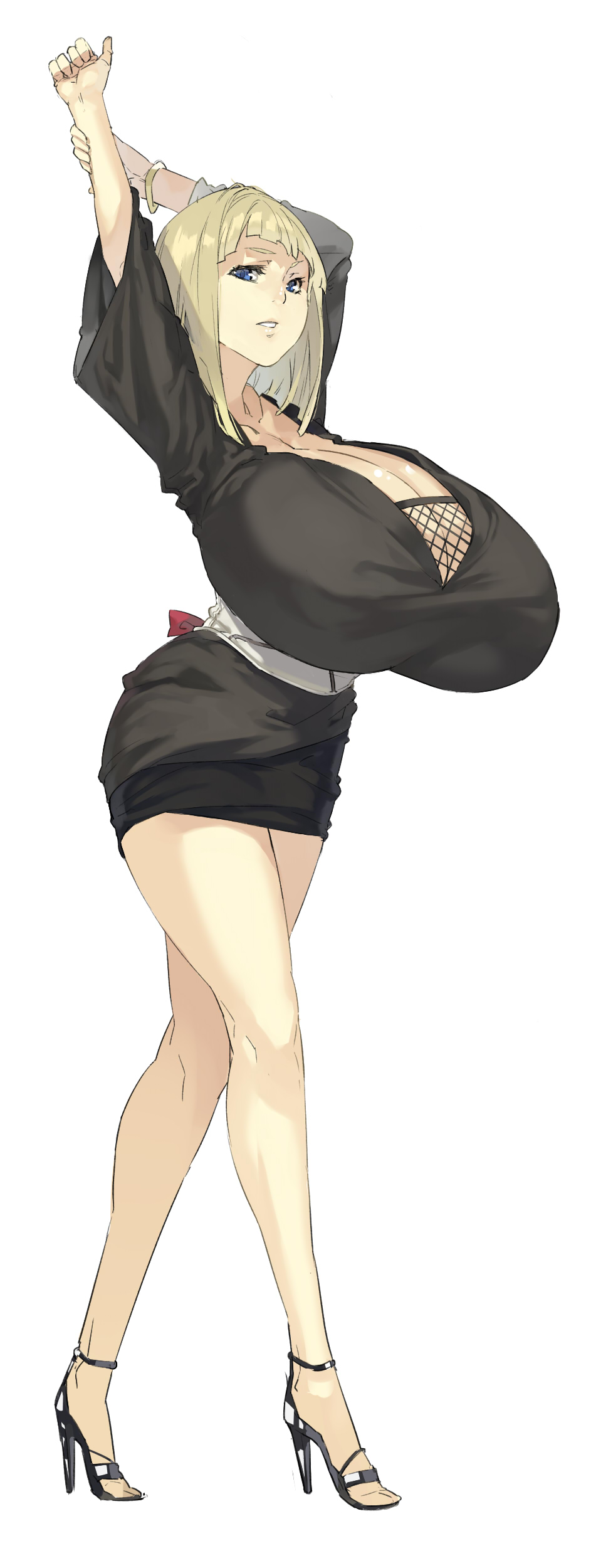 1girl, arms_up, blonde_hair, blue_eyes, breast_expansion, breasts, female, gigantic_breasts