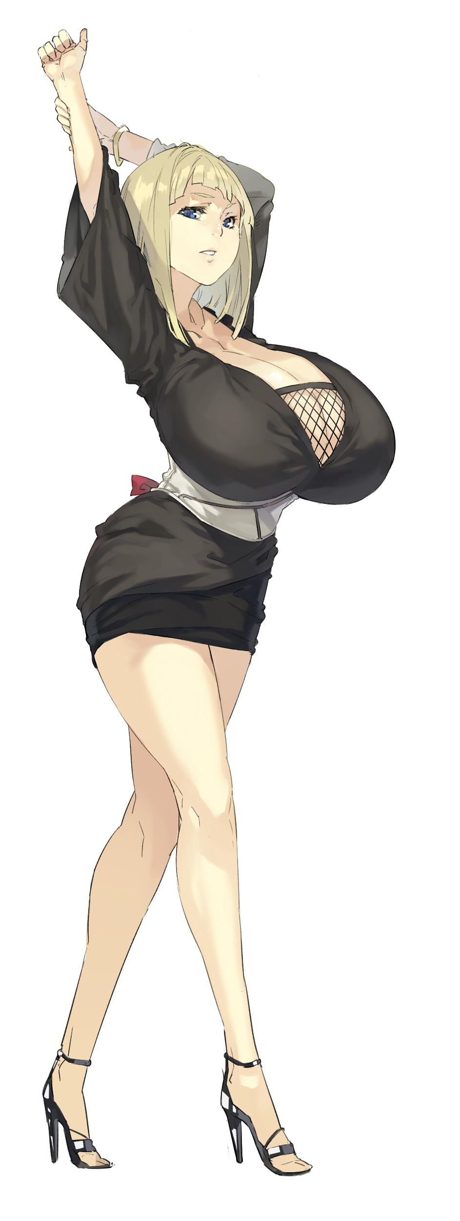 1girl, absurdres, arms_up, blonde_hair, blue_eyes, bracelet, breasts, cleavage, female, fishnet_top, fishnets, gigantic_breasts, high_heels, highres, huge_breasts, jewelry, legs, looking_at_viewer, muneneko, naruto, parted_lips, samui, short_hair, simple_background, solo, standing, stretch, thighs, white_background