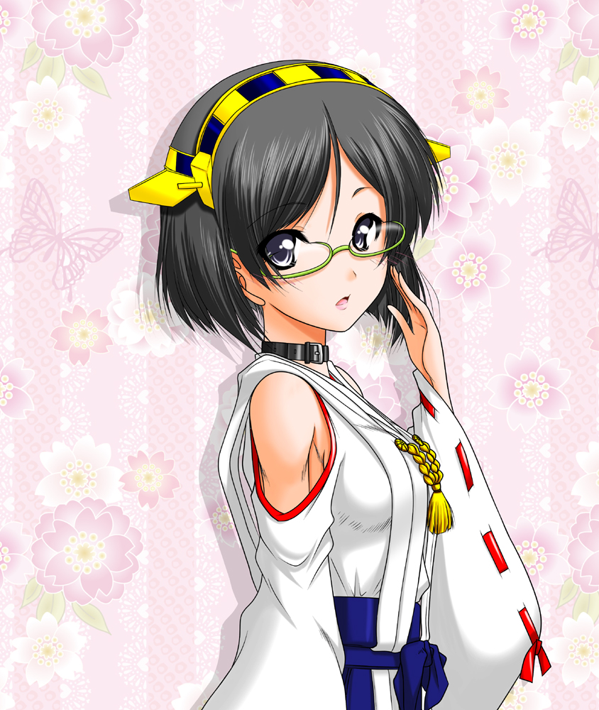 1girl, akanako, black_eyes, black_hair, breasts, choker, detached_sleeves, glasses
