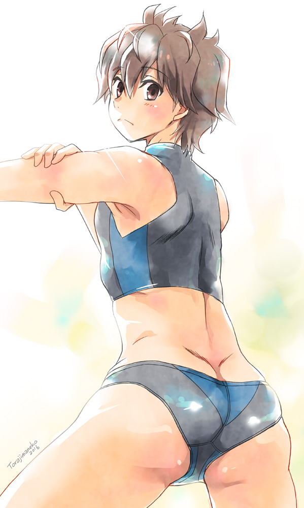 1boy, ass, brown_eyes, brown_hair, from_behind, hai_to_gensou_no_grimgar, haruhiro_(grimgar), male_swimwear