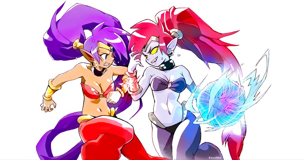 2girls, angry, arabian_clothes, bandeau, battle, blue_eyes, blue_skin, bracelet