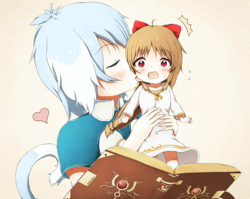 2girls, :d, beige_background, blush, book, closed_eyes, dress, face_licking, heart, holding, kiss, licking, long_sleeves, looking_at_viewer, master_of_epic, multiple_girls, open_book, open_mouth, rirusu, simple_background, size_difference, smile, tail, white_background, white_dress, yuri