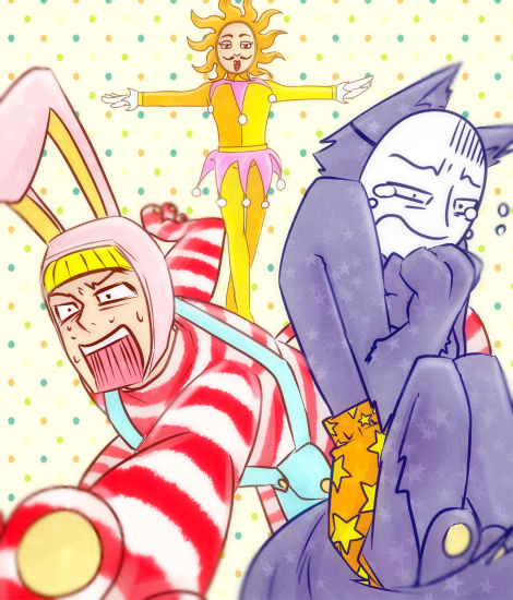 3boys, blonde_hair, facial_hair, kedamono, mask, multiple_boys, mustache, papi
