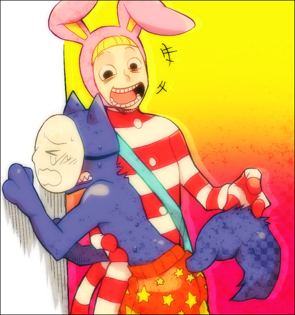 2boys, kedamono, laughing, male, mask, multiple_boys, pajamas, tail
