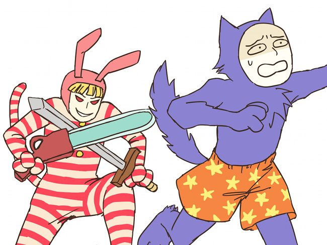 2boys, chainsaw, human, kedamono, male, mask, multiple_boys, pajamas