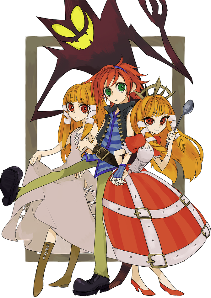 2boys, 2girls, ari, boku_to_mao, crown, dress, female, ginger