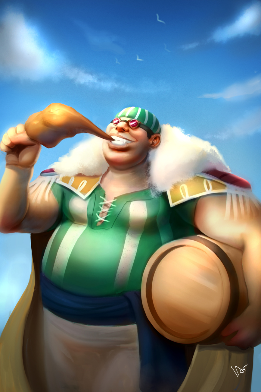 1boy, bandanna, barrel, eating, epaulettes, food, goggles, ilustrasian, jacket_on_shoulders, lucky_roux, male_focus, meat, one_piece, realistic, sash, solo