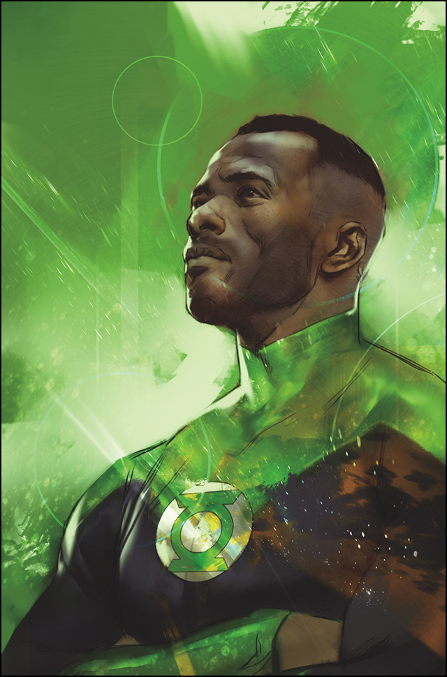 1boy, black_hair, bodysuit, brown_eyes, crossed_arms, dark_skin, dc_comics, green_lantern