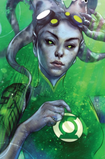 1girl, 2-6-8-1-7-9-5, alien, asymmetrical_clothes, black_sclera, dc_comics, freckles, goggles, goggles_on_head, green_eyes, green_lantern, green_lantern_(series), grey_skin, pointy_ears, solo, tentacle, tentacle_hair, uniform