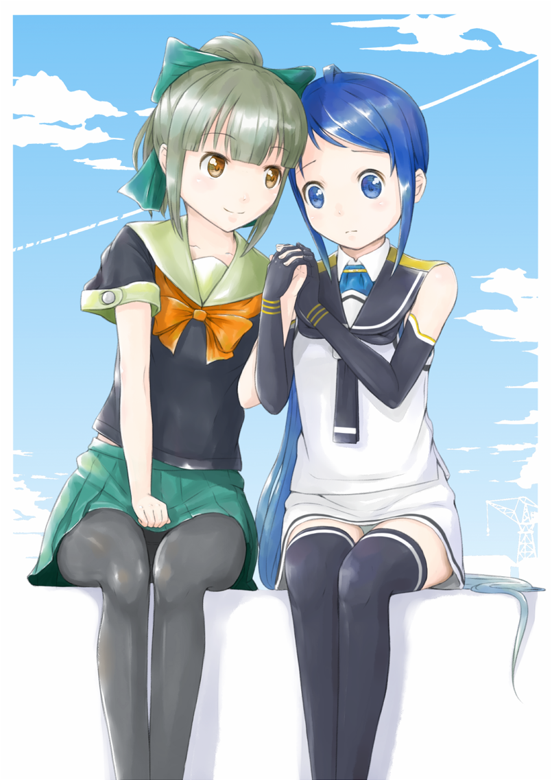 2girls, black_legwear, blue_eyes, blue_hair, bow, brown_eyes, clouds, commentary_request