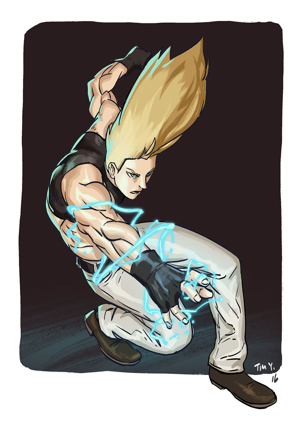 1boy, abs, bare_shoulders, blonde_hair, blue_eyes, crop_top, earrings, electricity