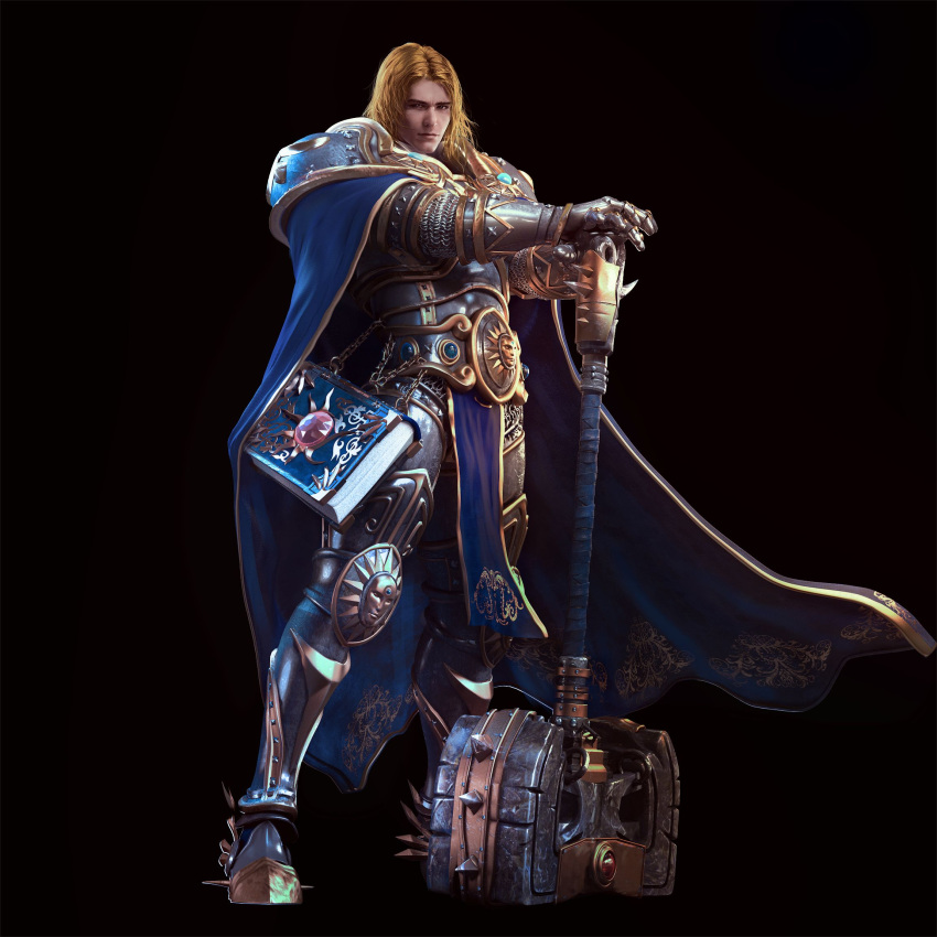 1boy, armor, arthas_menethil, blonde_hair, hammer, highres, paladin, warcraft