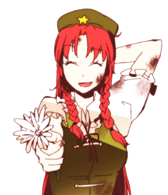 1girl, closed_eyes, crashtv, flower, hat, hong_meiling, long_hair, orange_hair