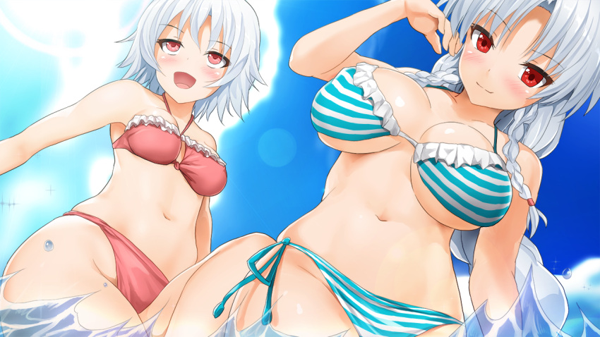 2girls, bare_arms, bare_legs, bare_shoulders, bikini, blastbeat, blush, braid