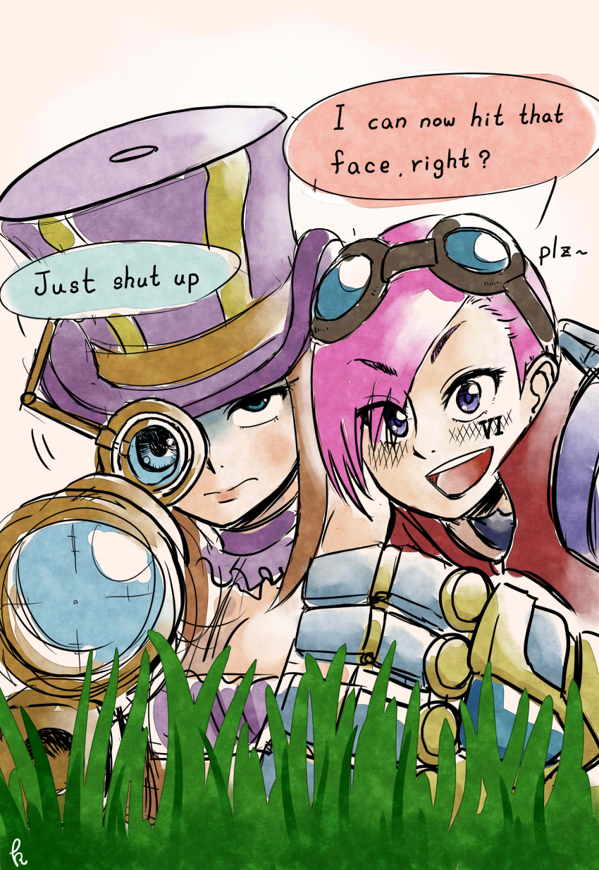 >:d, 2girls, :d, absurdres, blue_eyes, blush, breasts, brown_hair