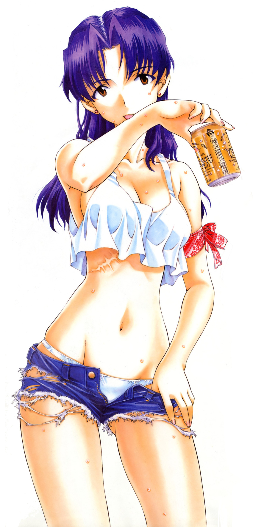 1girl, alcohol, bare_legs, beer, groin, katsuragi_misato, midriff, navel, neon_genesis_evangelion, neon_genesis_evangelion_anima, panties, purple_hair, scar, short_shorts, shorts, solo, tank_top, underwear, utatane_hiroyuki