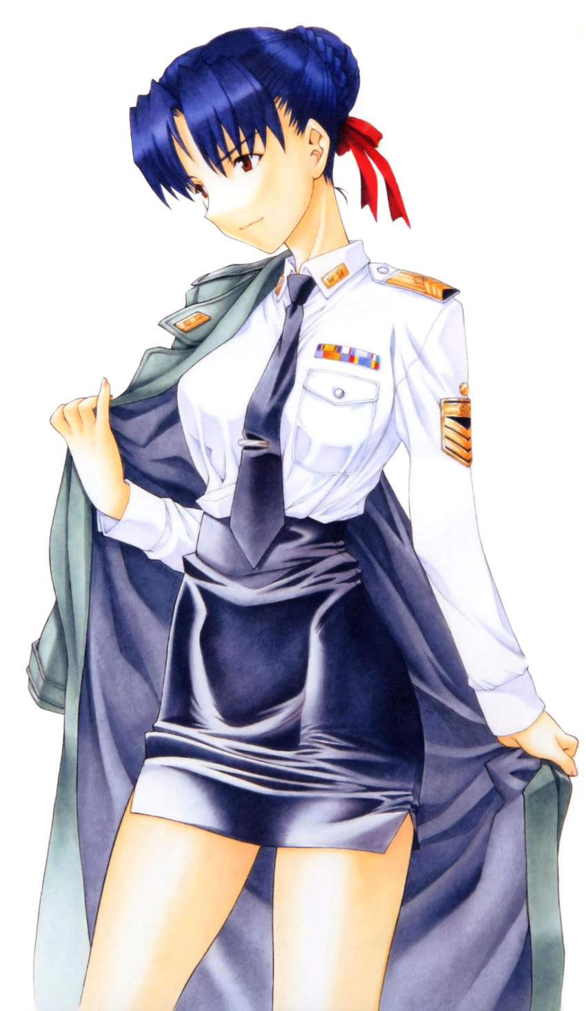 1girl, alternate_hairstyle, brown_eyes, coat, female, katsuragi_misato, military, military_uniform