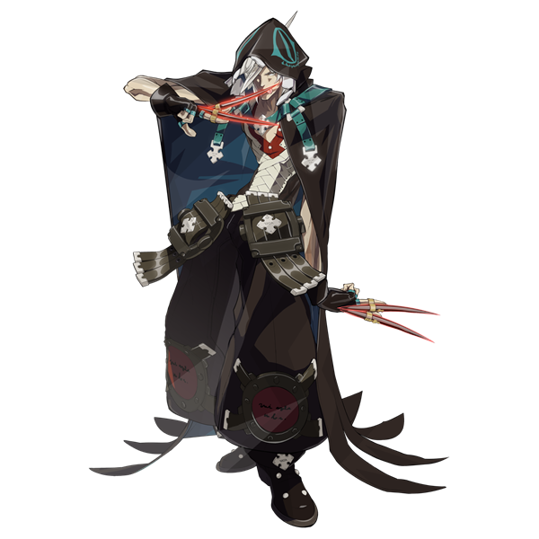 1boy, arc_system_works, belts, black_cape, boots, cross, gloves, grey_skin