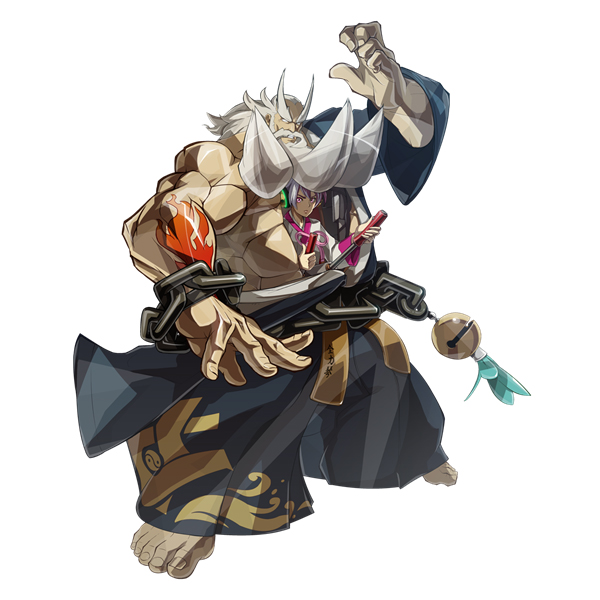 1boy, 1girl, arc_system_works, bald, barefoot, beard, bell, big_hair